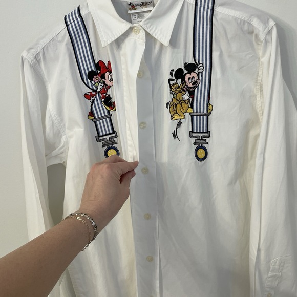 Vtg 90s Walt Disney World Mickey Mouse Suspender Shirt Embroidered Trompe L'oeil - Picture 6 of 16